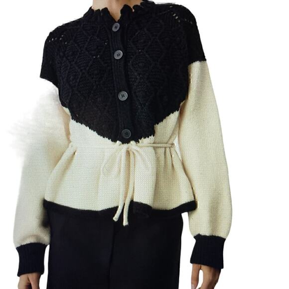 Pointelle Knit Patchwork Tie Front Sweater Commense Black and White Size XS or 2 - Picture 1 of 7
